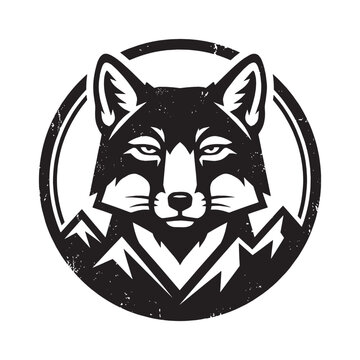Vintage fox emblem featuring a distressed retro design and heritage style wolf head with mountains in a circular badge