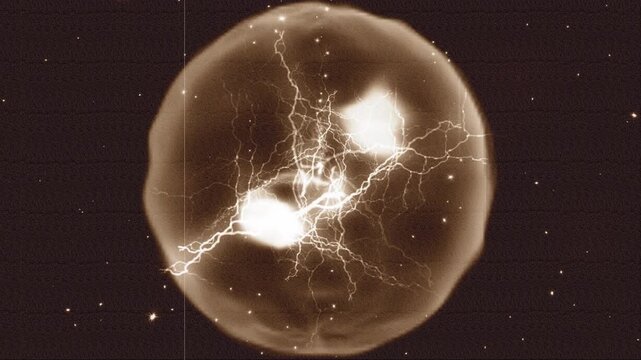 Lab Experiment Creating Ball Lightning in 1920s - 1930s Cinematic Style. Retro.
Retro 1920s-1930s style laboratory experiment successfully creating a glowing ball lightning