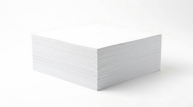 Low-angle perspective of a neatly stacked pile of blank white paper sheets isolated on white for printing, office, and document concepts