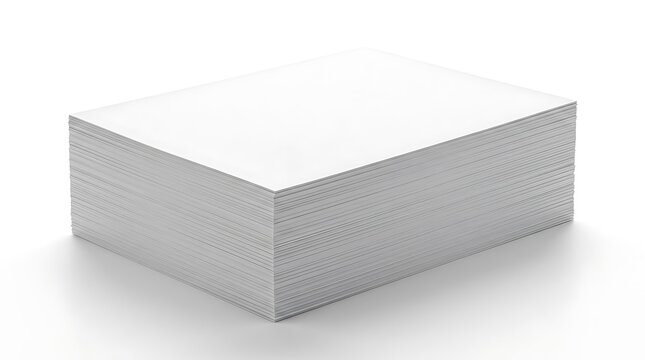 Neatly aligned stack of blank white paper sheets viewed from a low angle and isolated on white for office, publishing, and print concepts