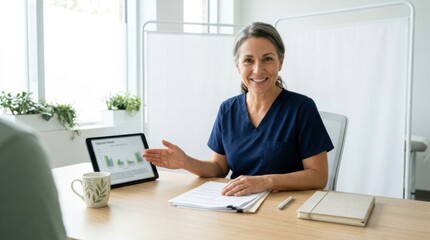 Fototapeta premium Professional Medical Consultation With Digital Data Presentation And Positive Patient Interaction
