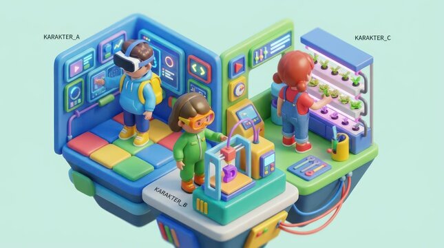 3D isometric scene of futuristic science lab and characters.