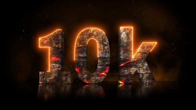 Cinematic 3D 10K milestone title reveal carved from volcanic rock with glowing lava cracks, drifting smoke and embers, celebrating followers and subscribers
