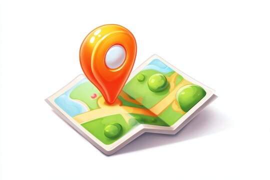 Location Pin on Map: A vibrant 3D illustration shows an orange location pin marking a point on a folded, stylized map with green landscapes and blue water.