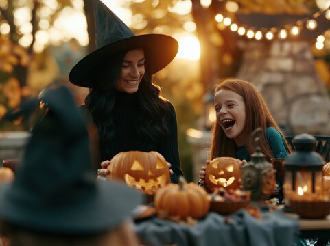 Happy Family Carving Pumpkins Together for Halloween in Cozy Backyard Setting