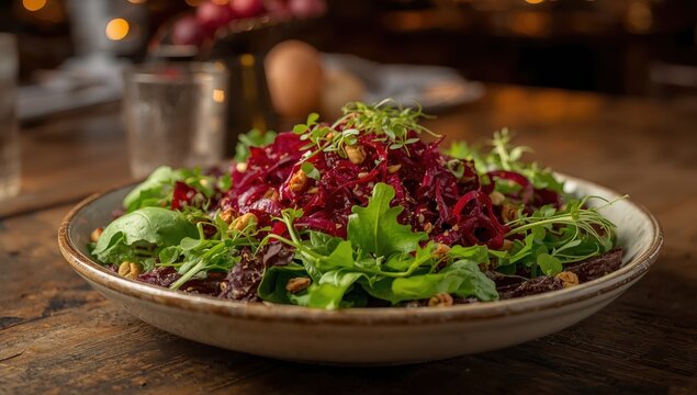 Tasty nutritious salad of shredded cooked beets with fresh greens.