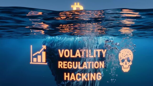 Bitcoin up and down concept,Glowing cryptocurrency iceberg tip floating underwater calm ocean clear sky showing bitcoin