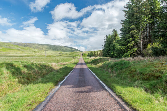 Inverness, a single track country road with green fields and trees.