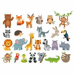 Obraz premium A large collection of cute cartoon wild animals including forest, jungle, and safari creatures, perfect for children's illustrations and educational materials.
