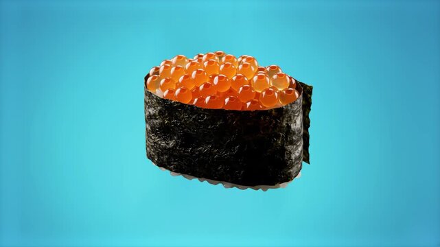 A delicious ikura gunkan maki sushi topped with shiny salmon roe wrapped in crisp nori seaweed, isolated against a bright cyan studio backdrop. Excellent for Japanese cuisine branding, seafood promos,
