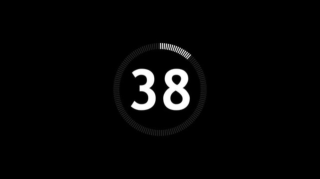 White circle countdown one minute animation from 43 to 0 seconds. Modern flat design with animation on dark black background.