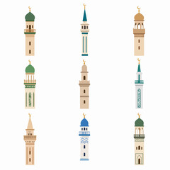 Obraz premium Vector illustration set of nine different Islamic minaret towers isolated on white.