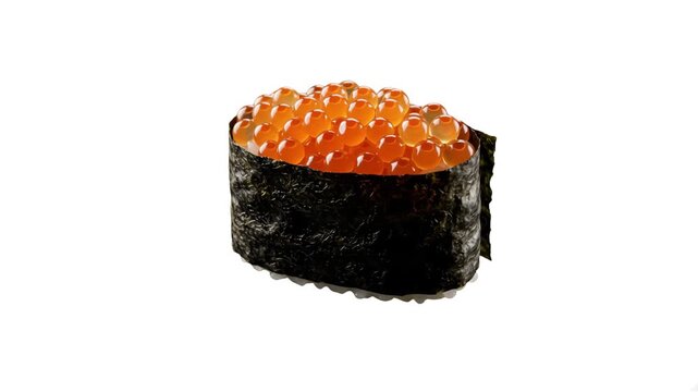 A 3D model of ikura gunkan maki sushi topped with shiny salmon roe, isolated on a clean white background. Great for Japanese menu design, food packaging, and culinary advertising overlays.