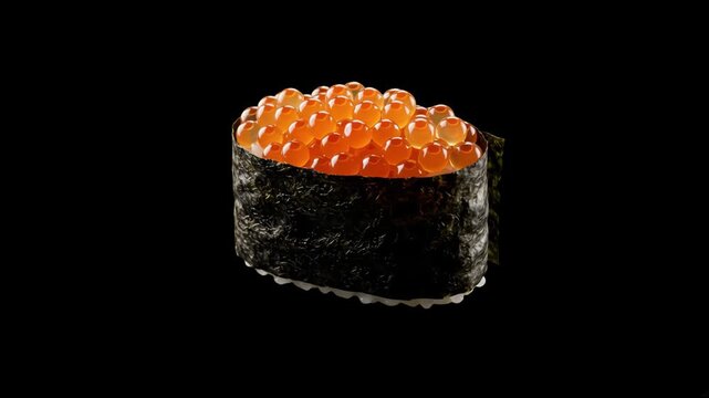 A premium shot of an ikura gunkan sushi wrapped in crispy nori seaweed and topped with glossy red salmon caviars, isolated against a dark black backdrop. Designed for luxury Japanese dining, sushi men