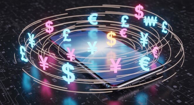 A vibrant, futuristic, 3D rendered conceptual illustration of a sleek smartphone at the epicenter, surrounded by glowing neon pink, blue, and yellow global currency symbols (Dollar, Euro, Pound, Yen,