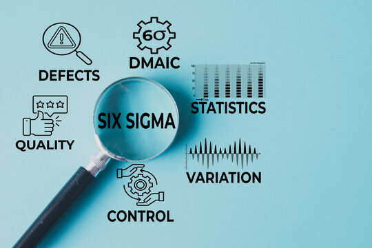 Six Sigma and quality management concept. Magnifying glass focusing on SIX SIGMA text surrounded by DMAIC, defects, quality, statistics, variation and control icons on blue background.