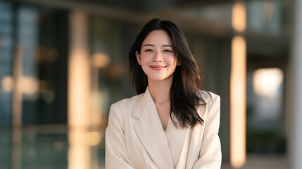 Obraz premium A confident young woman smiling in a modern urban setting, radiating positivity and professionalism.