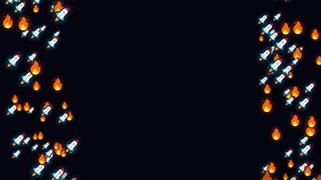 Rocket and fire emojis floating up side edges on black background