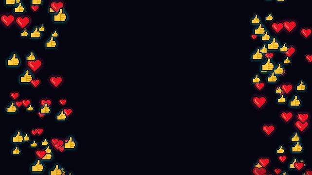 Love and like emojis floating up side edges on black