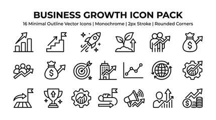 Fototapeta premium Minimal monochrome vector line icons set for business growth, financial success, and corporate strategy concepts, featuring charts, rockets, and progress symbols