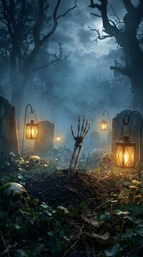 Spooky skeletal hand rising from a grave in foggy cemetery.