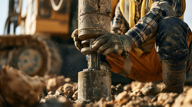 A construction worker using drilling equipment on a building site. Attention to detail and safety are priorities in industrial work.