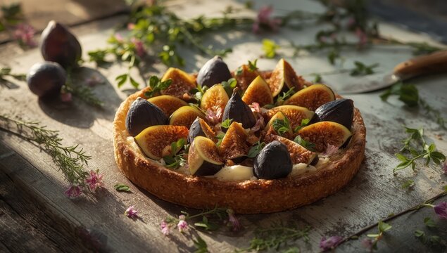 Tasty tart featuring fresh figs and goat cheese on a rustic table.