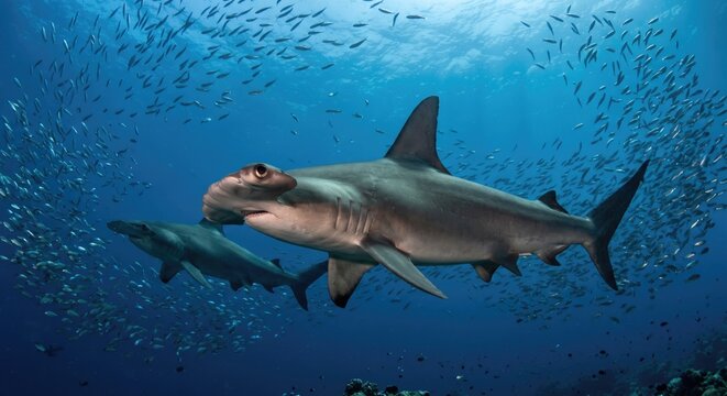 Hammerhead shark swimming with school of fish - underwater marine wildlife photography