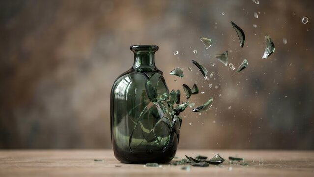 Shattered green glass bottle exploding on a wooden table with fragments flying against a dark background
