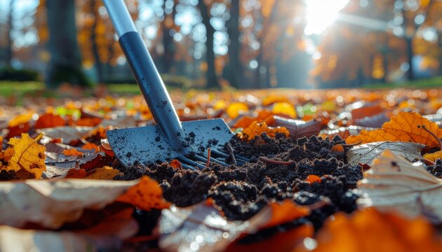 Shovel Digging into Autumn Leaves in a Park.