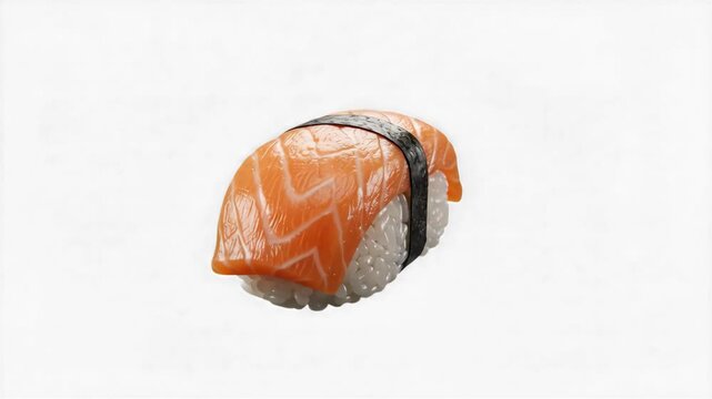 A clean close-up shot of a single salmon nigiri sushi featuring raw fresh salmon over seasoned rice tied with a nori seaweed strip, isolated on a white backdrop. Ideal for Japanese restaurant menus, s