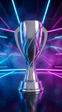 Silver championship trophy cup with neon light background.