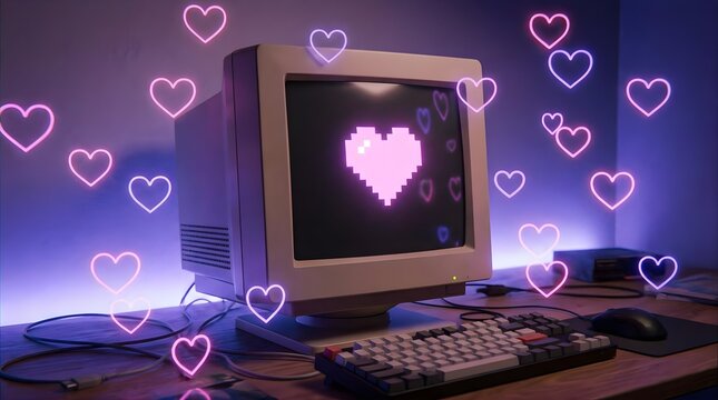 Retro computer monitor displaying pixel heart with floating glowing neon hearts.