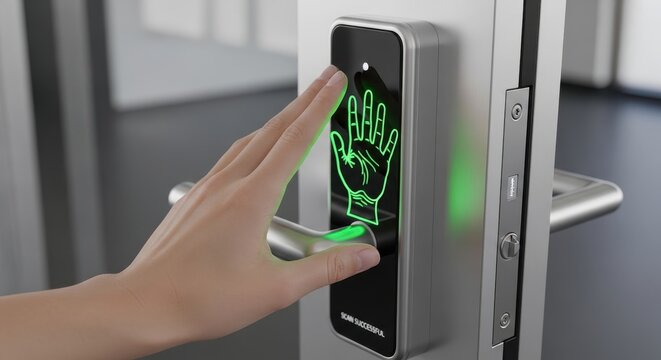 A modern, sleek, and highly advanced biometric fingerprint access control system, featuring a brushed metallic finish and a glowing green hand graphic on a black touch screen, being activated by a