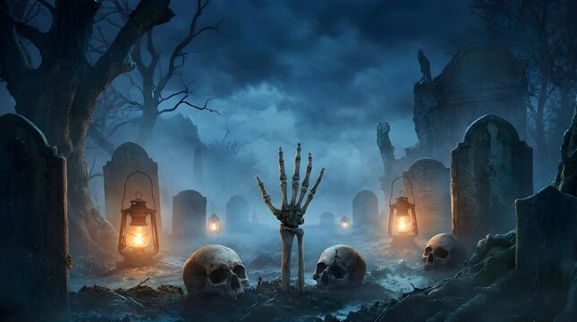 Spooky cemetery at night with skeleton hand and glowing lanterns.