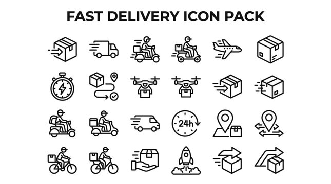 Fast delivery vector icon pack with outline symbols of shipping, logistics, courier service, and package transportation for mobile and web design
