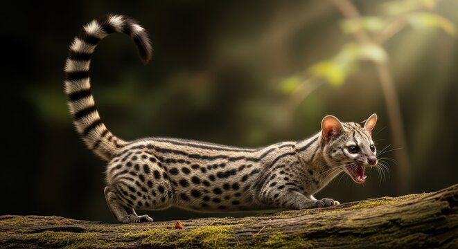 Striking genet poised on a mossy log, showcasing its patterned coat and agility