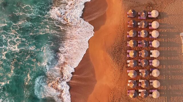 Aerial top view of a beach in Greece with sunbed and sunshade at sunset
