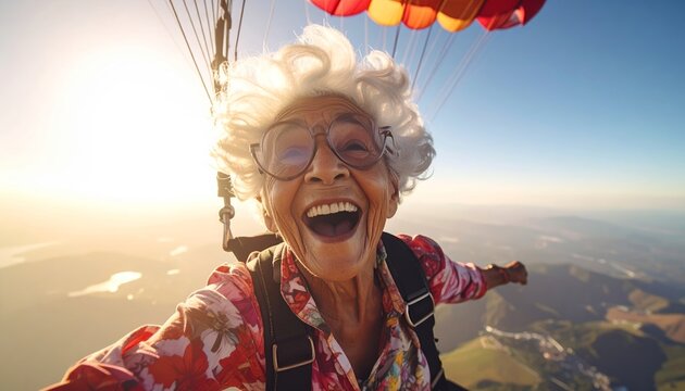 An eldery woman embracing extreme adrenaline adventure with skydiving enthusiasm