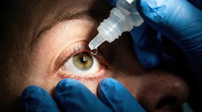 Close-up of a person applying eye drops with blue gloves, focusing on the eye and dropper, highlighting the precision of eye care in a clinical setting