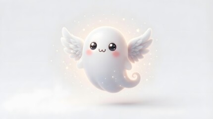Obraz premium Adorable 3d ghost angel character with wings and sparkles isolated on white background