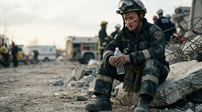 Firefighter in protective gear sits on rubble holding water bottle, emergency vehicles and rescue team visible in the background at disaster site