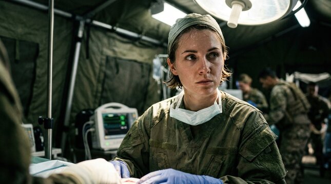 Female military medic wearing surgical mask and gloves performs medical procedures inside a field hospital tent with medical equipment and personnel in the background