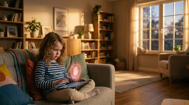 Young girl with curly hair sitting on a couch using a tablet in a cozy living room, illuminated by warm light from a window with a hand gesture graphic displayed
