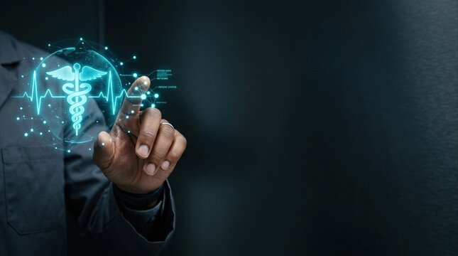 Healthcare professional in dark attire interacts with a holographic medical symbol and heartbeat graph, showcasing advanced technology in a clinical environment