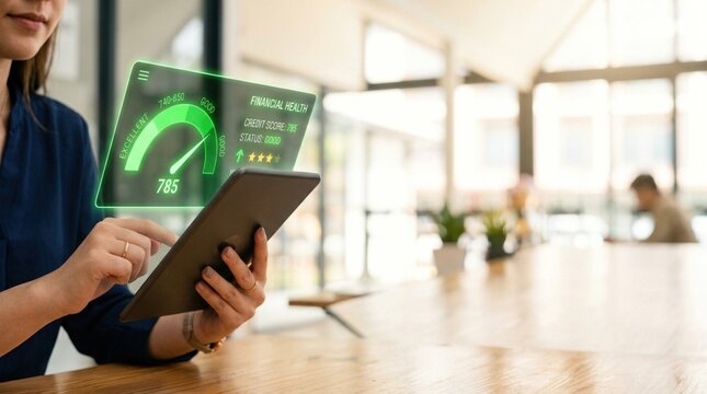 Woman using tablet to check financial health with digital credit score display in modern office setting, bright natural light and wooden table visible