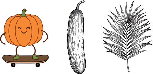 Cute happy cartoon pumpkin character riding a skateboard next to detailed woodcut engraving style cucumber and tropical palm leaf vector illustration element set © Lili Begum