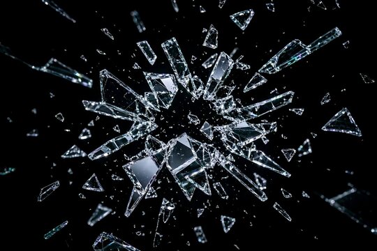 Sharp glass sharp fragments exploding into sharp pieces against a pitch-black background in mid-air
