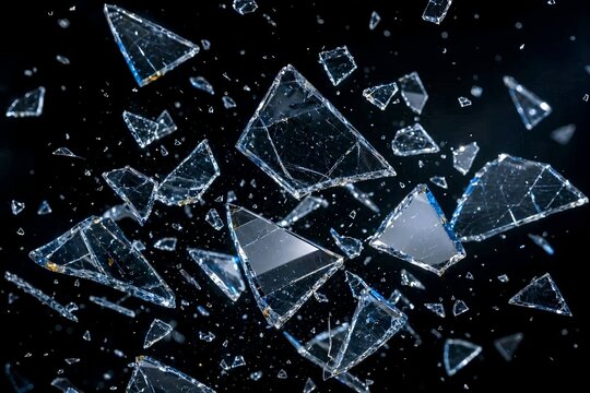 Sharp glass sharp fragments exploding into sharp pieces against a pitch-black background in mid-air