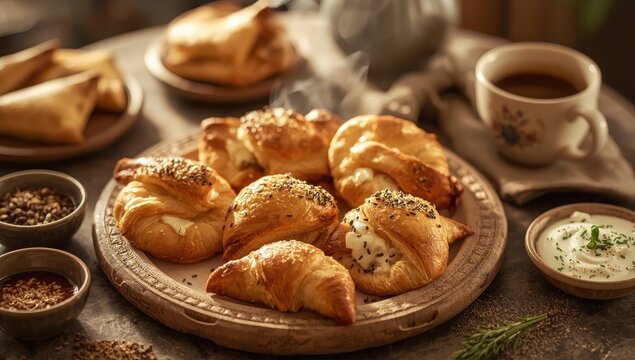 Table of white cheese, Arab fatayer, Manakeesh, Syrian pie, and Middle Eastern breakfast pastries.